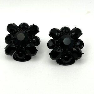 Vintage KJL Kenneth Jay Lane Jet Black Rhinestone Cluster ClipOn Earrings Signed